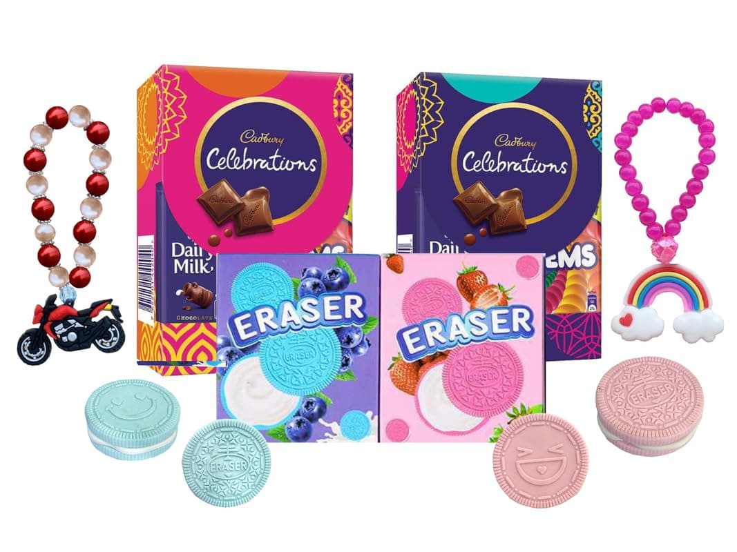 CLUZE Kids Rakhi Combo – Bracelet Rakhi with Sweet Treats & Funky Eraser Gift Hamper for Boys & Girls