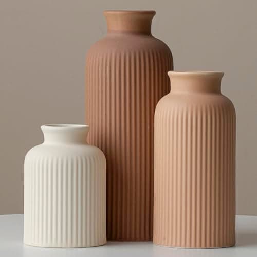 Large Modern Ceramic Vase Set, Coffee Ribbed Matte Design, 3-Piece Decorative Vases for Home, Living Room, Office (XL Coffee Mix)