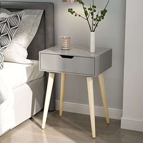 Device Bas with BROWN ART SHOPPEE Nightstands End Side Table with Drawer and Solid Wood Legs, Bedside Table for Bedrooms, Mid-Century Modern Drawer Storage Cabinet for Living Room Furniture (Grey)