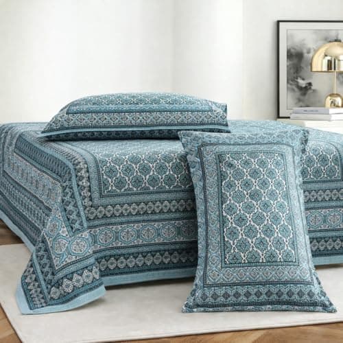 ElanorHomes Cotton Double King Size Bedsheet | Hand Printed | Ultra-Soft & Skin-Safe | Breathable Summer Comfort | 90x108 inches with 2 Pillow Covers (Firozi Chhaon)