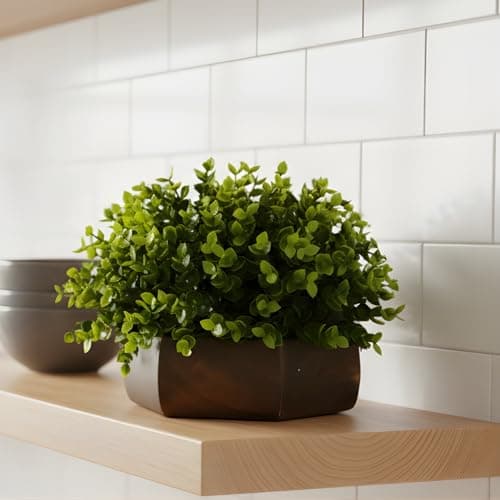fancymart Artificial Hackleberry Green Plant in Wood Hexagon Pot - 15cm Height - Home & Office Decor Elegant Potted Plant for Tabletop Enhancement