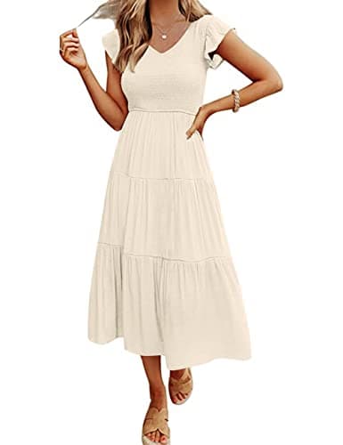 MEROKEETY Women's Flutter Sleeve Smocked Midi Dress V Neck Casual Tiered Dresses with Pockets, Beige, L