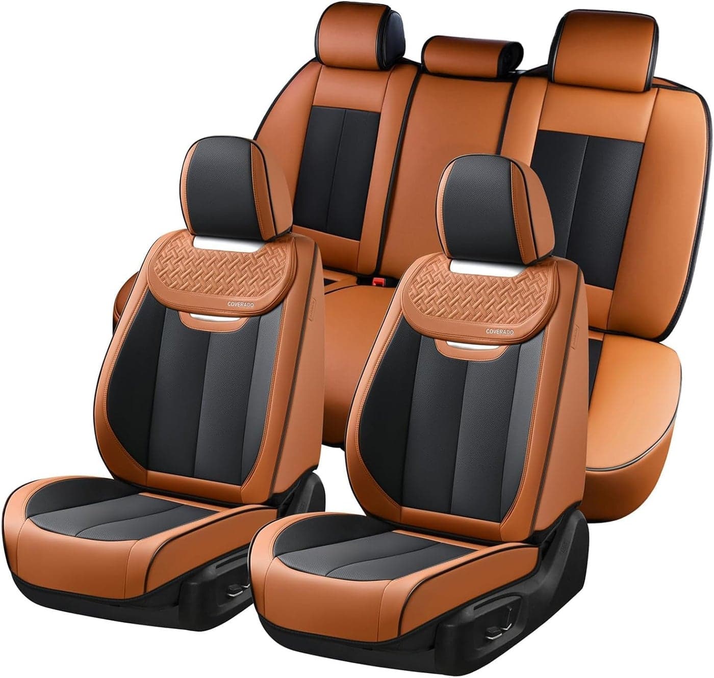 Coverado Car Seat Covers Full Set - Breathable Nappa Leather, Waterproof, Universal Fit (Brown & Black)