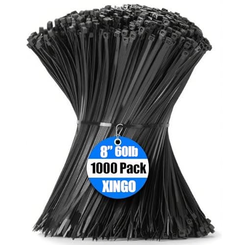 XINGO 1000 PCS Black Zip Ties 8 Inch, 60 LBS Tensile Strength, Self-Locking Nylon Plastic Nylon PA66 Wire Ties for Indoor and Outdoor Use