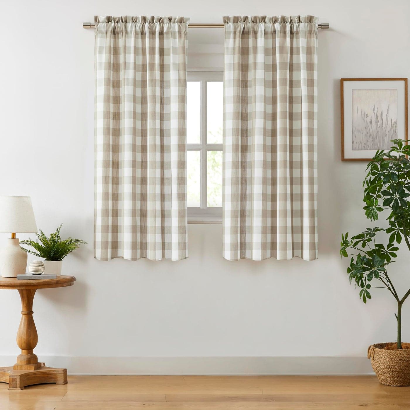 Tan Buffalo Check Window Curtain Panel 54 Inch Long Beige Buffalo Plaid Gingham Geometric Rod Pocket Window Treatment Rustic Farmhouse Style Drapes for BedroomLiving Room 40 x 54 inch Linen