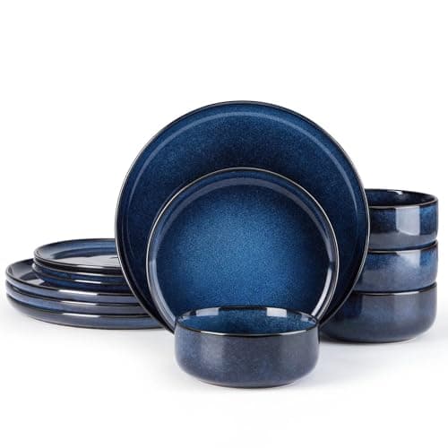 E-far Dinnerware Sets for 4, 12-Piece Stoneware Plates and Bowls Set, Ceramic Dishes Reactive Glaze Dinning Ware, Microwave & Dishwasher Safe - Deep Sea Blue