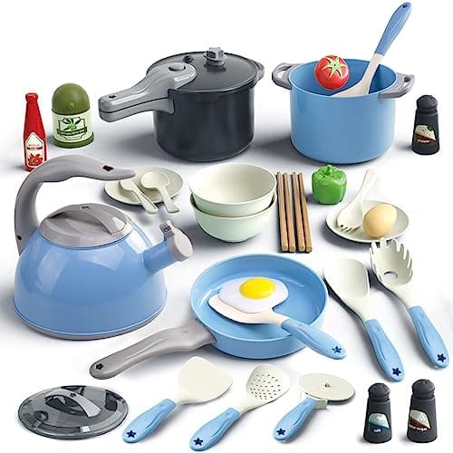 Bruvoalon 32Pcs Kids Play Kitchen Toys Set Toddlers Pretend Cooking Playset Acccessories with Pots Pans Utensils Cookware Foods Canned Veges Learning Gift for Kids Girls Boys Blue