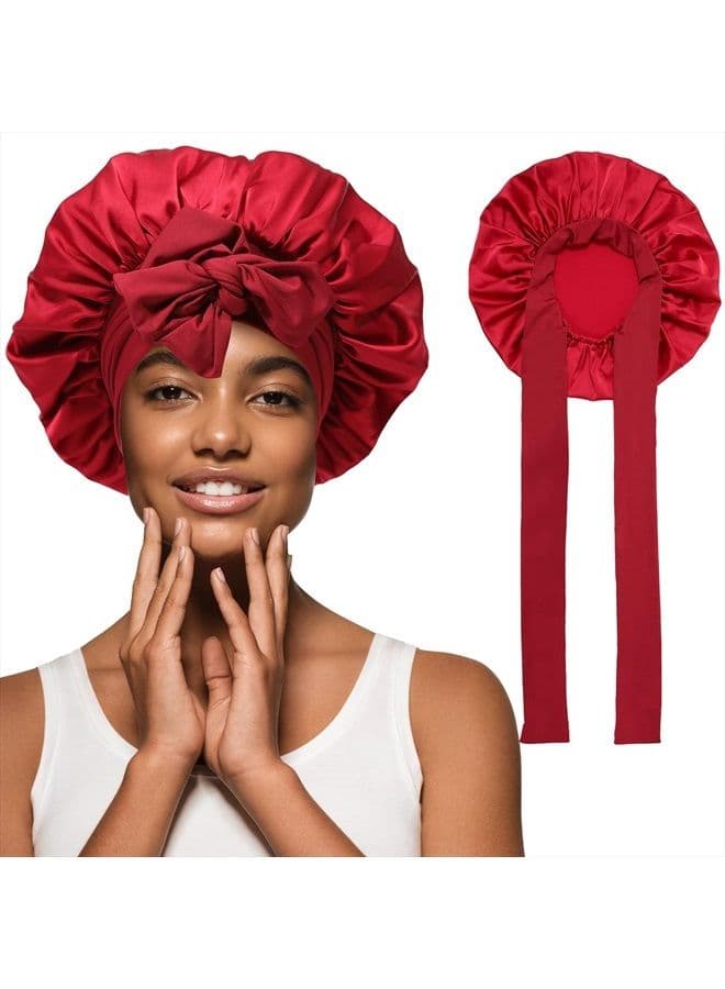 Satin Hair Bonnet Wide Band - Silk Like Sleeping Bonnets for Curly Hair Hair Wrap for Night Cap with Tie Band Breathable Satin Bonnet for Women and Girls(Red)