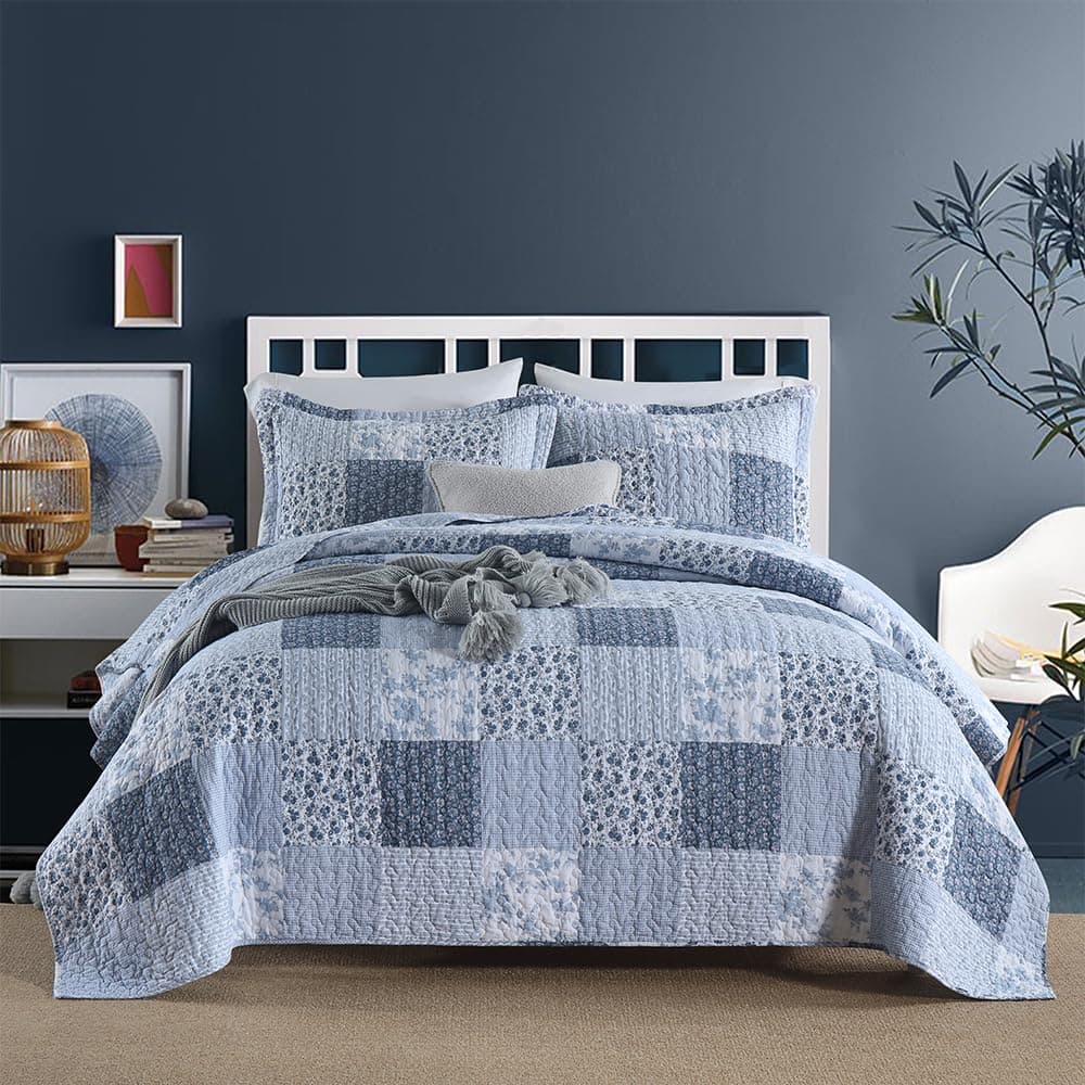 ENASAL Cotton Bedspread Quilt Bedding Sets Reversible Coverlet Sets Comforters Rustic Floral White Blue Patchwork Pattern Bedspread for All Season Queen Size