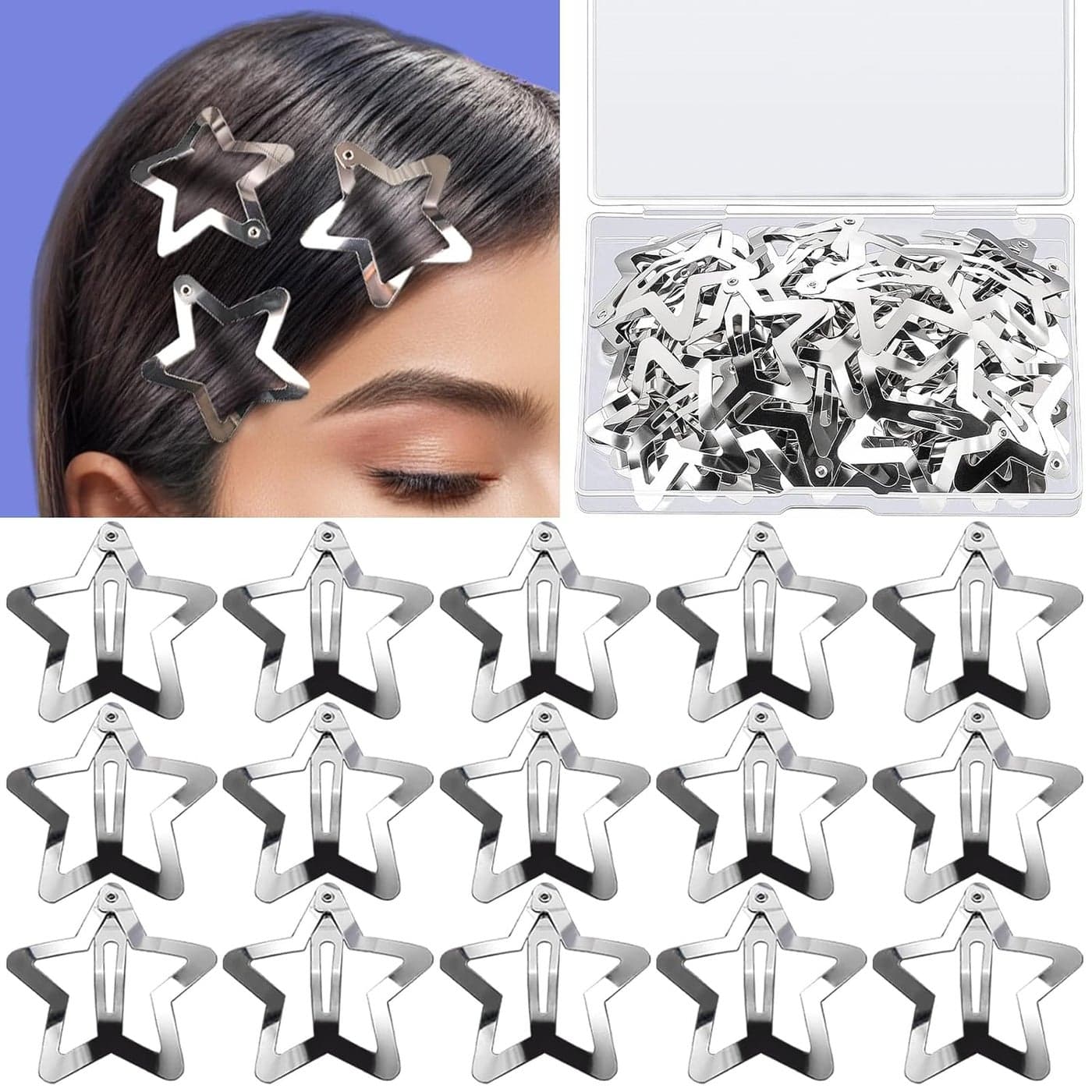 YGDZ 30 PCS 161 Star Hair Clips Y2K Hair Accessories Silver Star Clips for Girls Women Rave Accessories Non Slip Star Barrettes Metal Star Snap Hair Clips