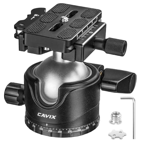 CAVIX Lever Tripod Ball Head, Low Gravity Metal Ball Head Camera Tripod Head 44lbs/20kg Load, Panoramic Ball Head, with 1/4" Arca Swiss Quick Release Plate for Tripod, Monopod, DSLR, Camera(H-46F).