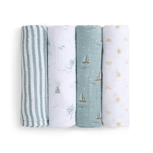 aden + anais Boutique Organic Swaddle Blanket 4-Pack – 100% Organic Cotton Muslin, Large, Soft, Breathable Receiving Blankets for Infants – Lightweight Multi-Use Baby Swaddles, Sailing Seas