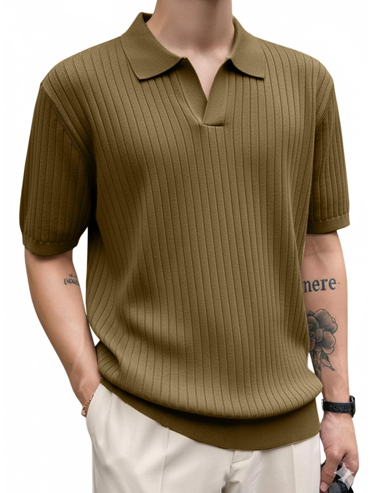 Veirdo® Men’s Casual Ribbed Polo Collar Knit T-Shirt | Slim Fit Short Sleeve Polo for Men | Flat Knit Textured T-Shirt Perfect for Office, Party, Travel (Polo_FK2_CML_M) Khakhi