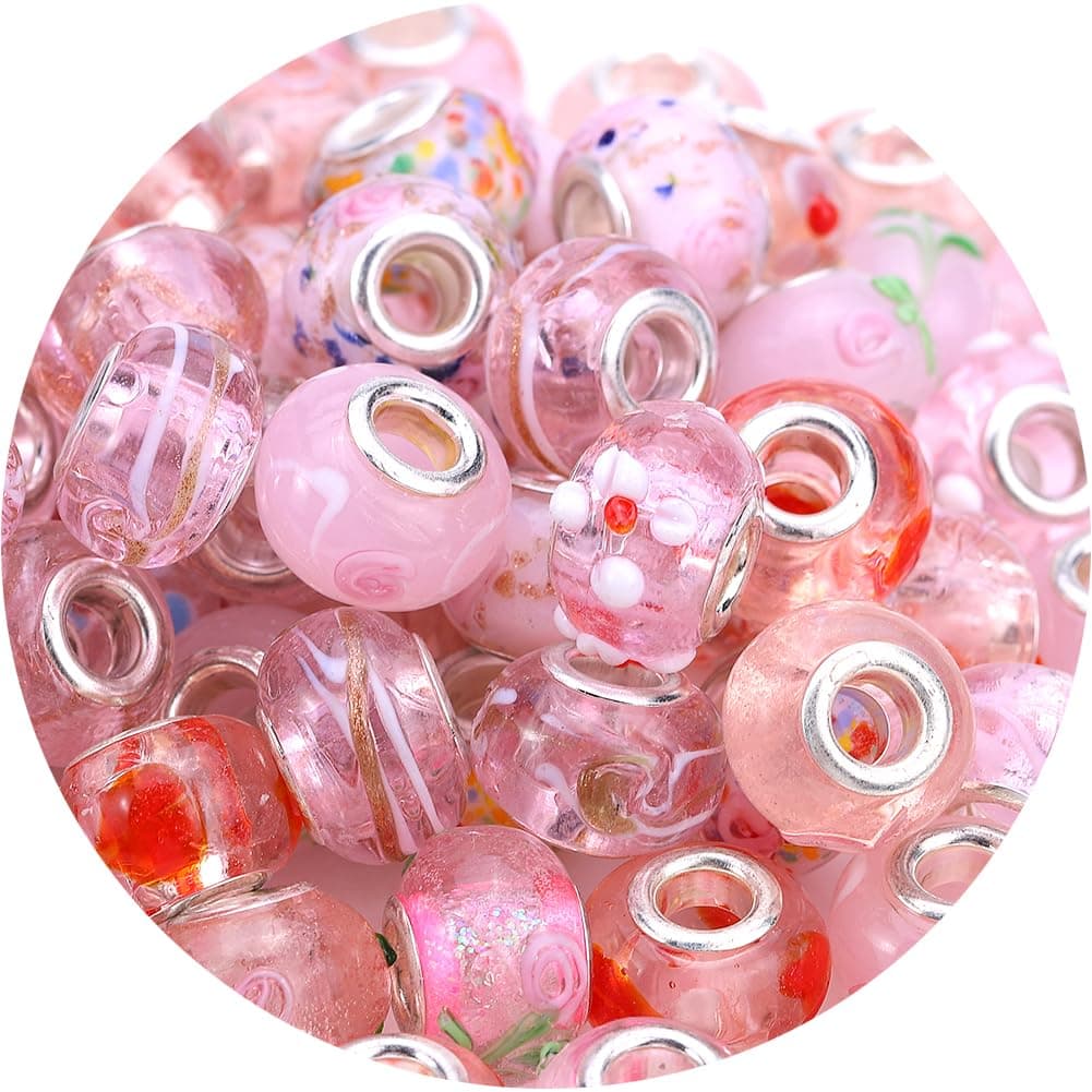 AIPRIDY 50Pcs 15x11mm Murano Large Hole Glass Beads with Silver Brass Cores European Beads for Jewelry Making Warm Pink