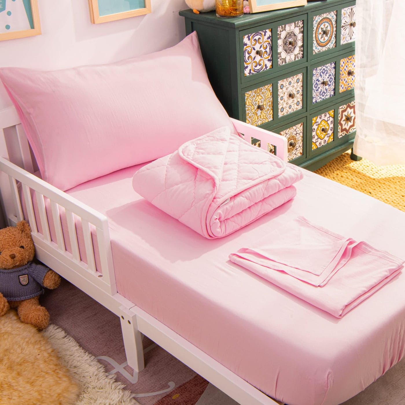 NTBAY Toddler Bedding Set 4 Piece Soft and Breathable Crib Bedding Set for Boys and Girls Includes Quilted Comforter Fitted Sheet Flat Top Sheet and Envelope Pillowcase Pink