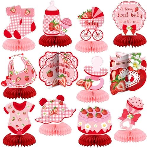 12 Pcs Strawberry Baby Shower Decoration Strawberry Honeycomb Centerpiece a Berry Sweet Baby Is on the Way Table Topper 3D Double Sided Table Decoration for Birthday Baby Shower Party Favors