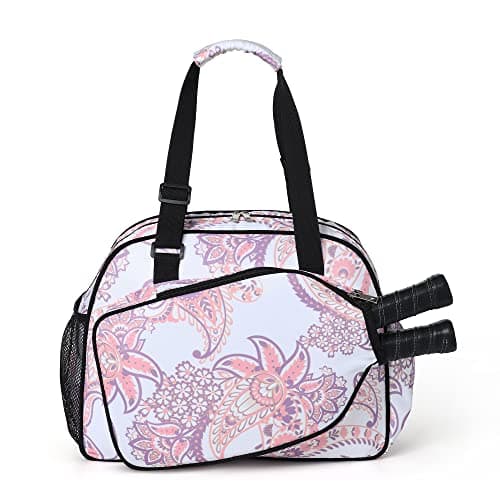 Boulder Bee | Premium Pickleball Bags | PickleBall Tote Bag for Women | Women’s Hand/Shoulder Gym Bag w Water Bottle Holder | With Racquet/Paddle Holder (Pink cashew flower)