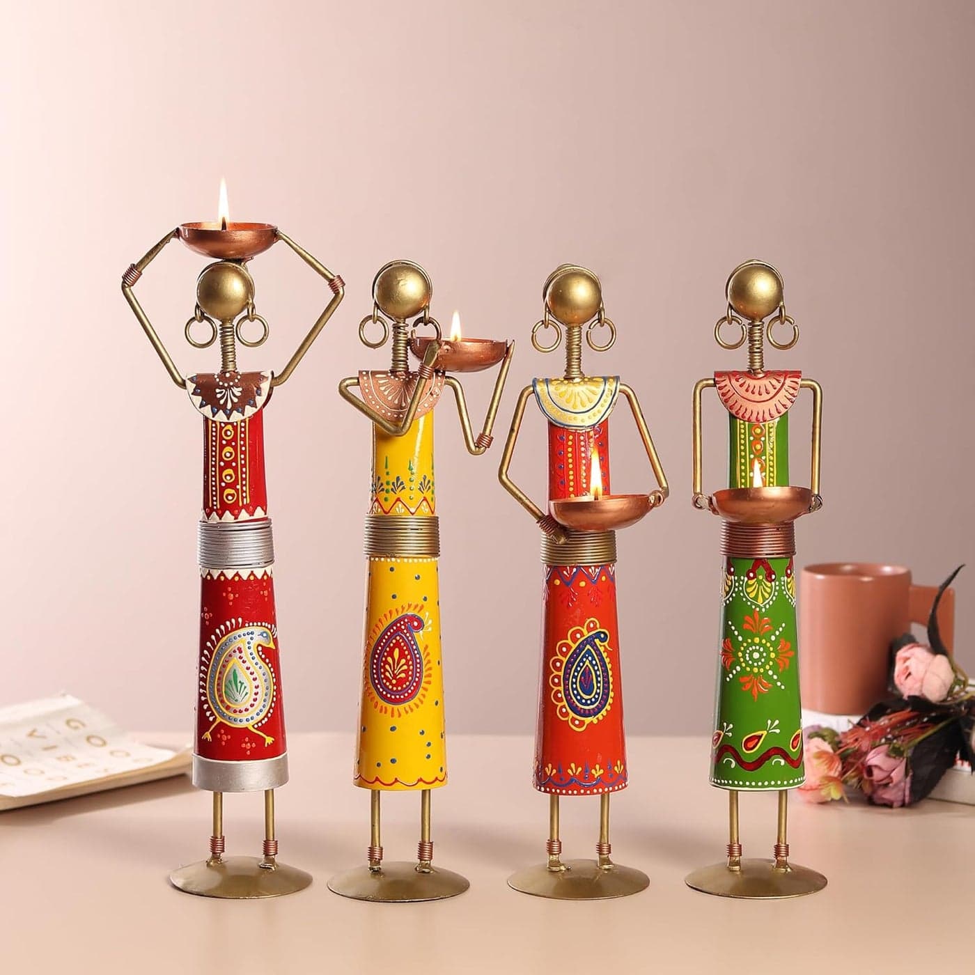 Habere IndiaAll the Cultures Fabricating India African Tribal Tea Light Holder Set Decorative Candle Stand for Pooja Room Corporate Gift Item Office Desk Gifts Corporate Gifts for Employees