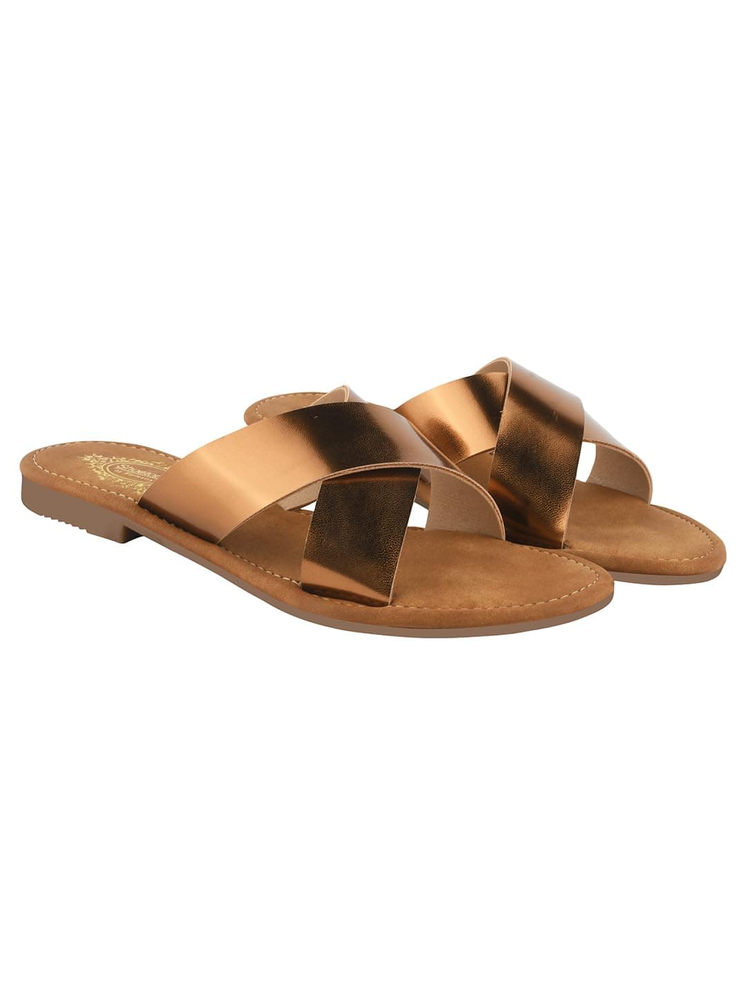 Shoetopia Women’s Copper Flat Sandals with Cross Strap Design | Stylish Casual Slip-On Flats for Daily Footwear & Ethnic Outfits EU36