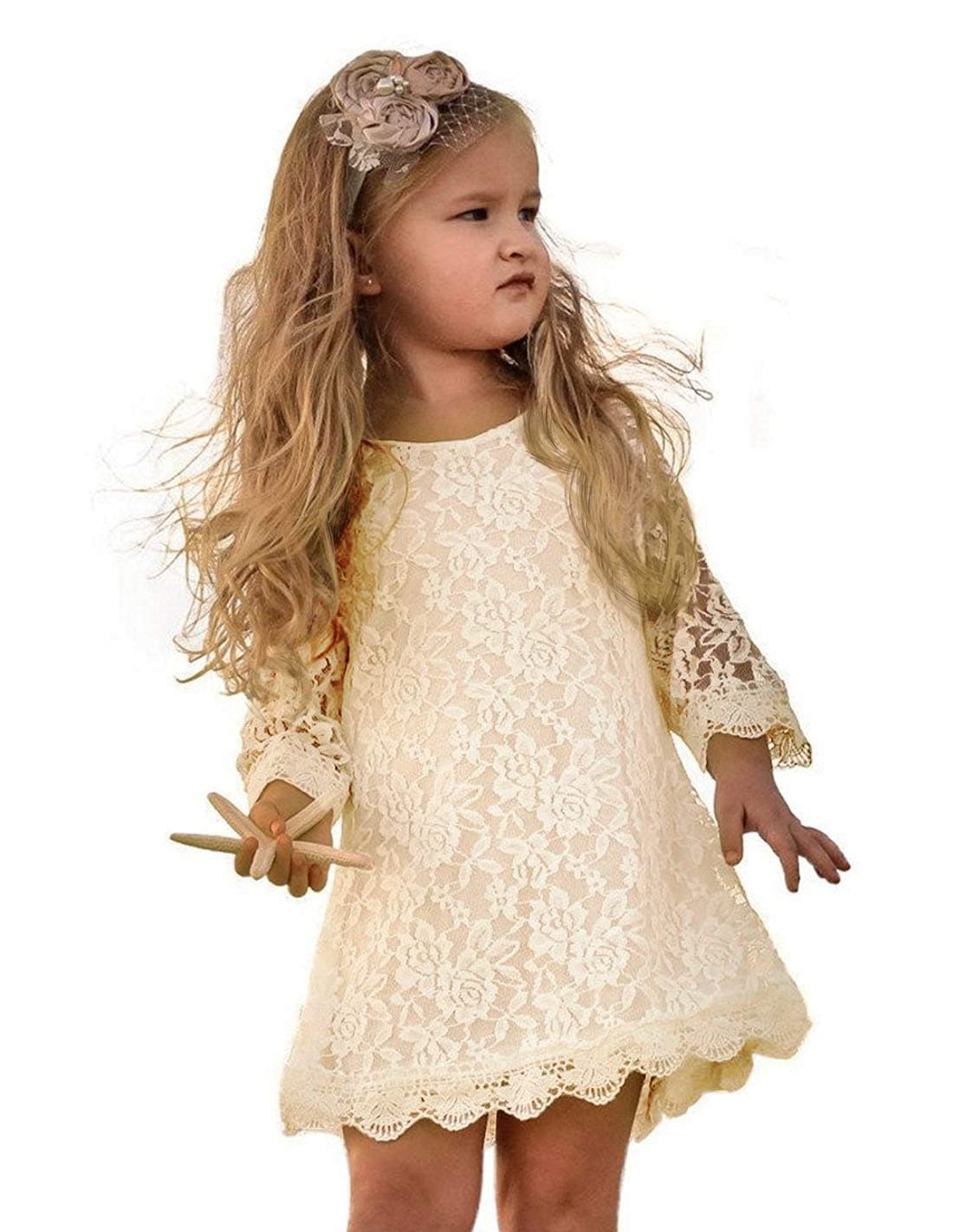 Flower Girl Dress, Lace Dress 3/4 Sleeve Dress (Ivory, 10-12 Years)