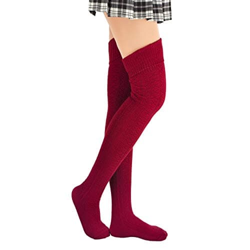 Joyingtwo Womens Girls Winter Spring Plus Size Over Knee Leg Warmer Knit Crochet Thigh Boot Socks Leggings, Burgundy