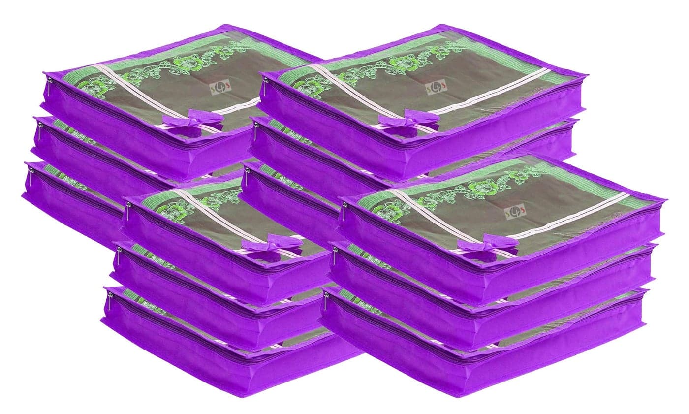 S4S® 12 Piece Non Woven Transparent View Flower Design Attractive bow Saree Cover Bag with Stainless Steel Zip Lock, Cloth Cover, Wardrobe Organizer (80gsm fabric_Large_Purple)