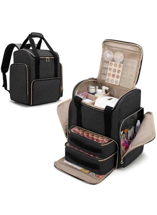 Nail Polish Organizer Backpack Holds 70 Bottles and a Nail Lamp, Nail Polish Bag with 2 Removable Cases and Tools Storage Pockets (Patented), Black