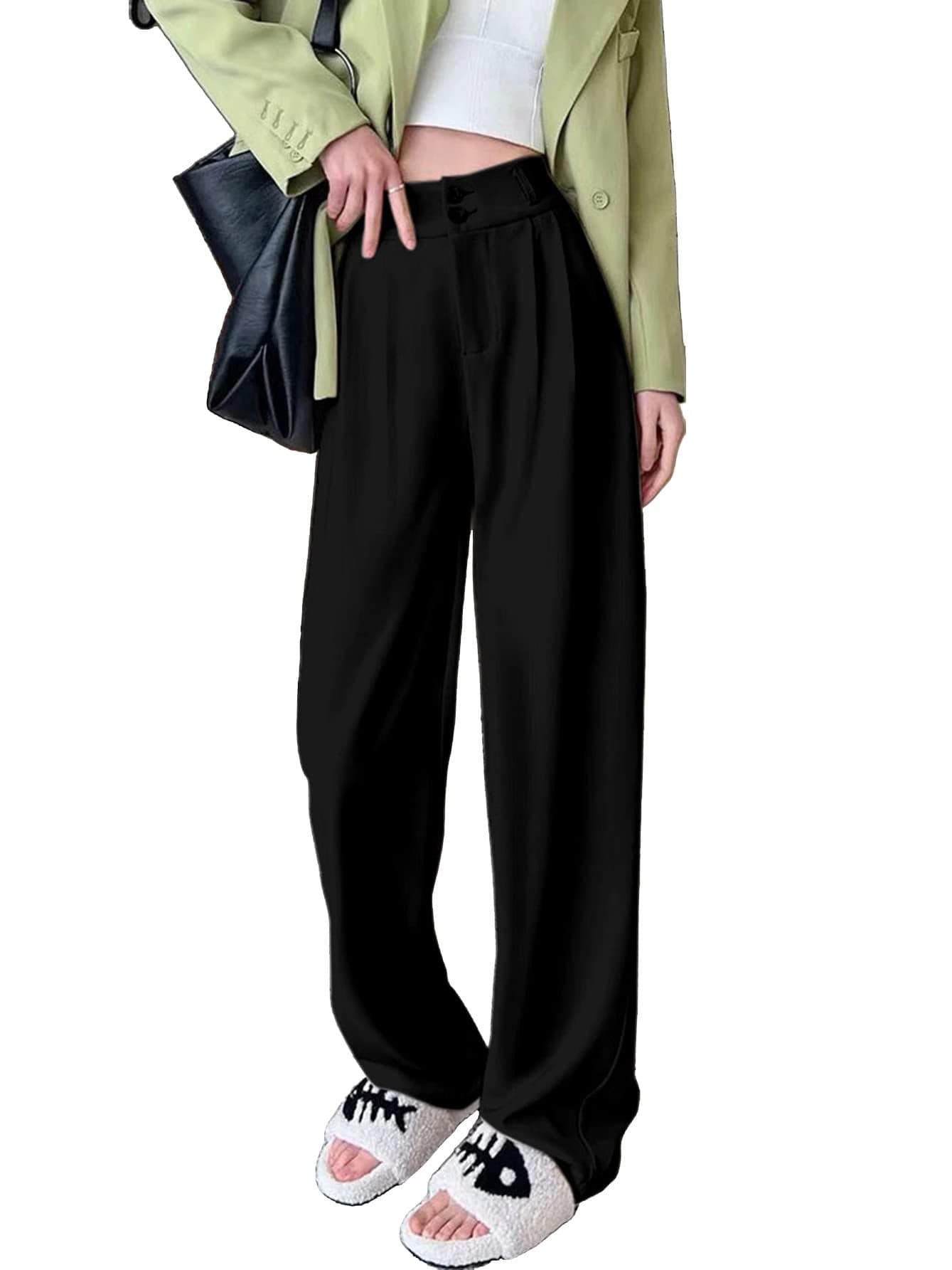 Aahwan Solid Charcoal Black Korean Baggy Parallel Loose High Rise Formal Pant for Women's & Girl's with Pocket (220_Black-XL)