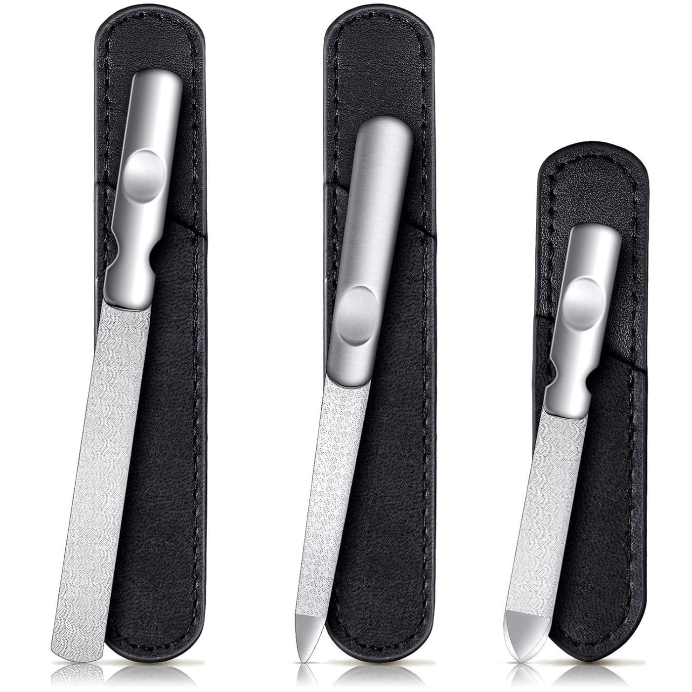 3 Pcs Stainless Steel Nail Files Kit with Leather Case, Double Sided Metal Nail Files with Anti-slip Handle for Women and Men, Metal File Buffer Manicure Pedicure Tools for Fingernail Toenail(Black)
