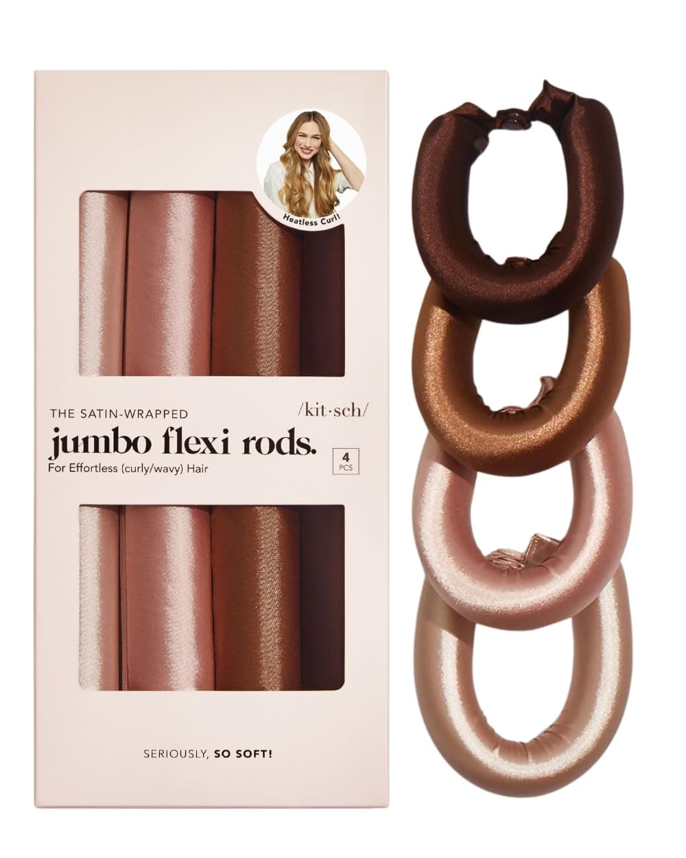 Kitsch Satin Hair Curlers Heatless Curling Rod Jumbo Flexi Rod Heatless Hair Curler Hair Curlers to Sleep In No Heat Overnight Curls For All Hair Types and Texture 4pcs Rosewood