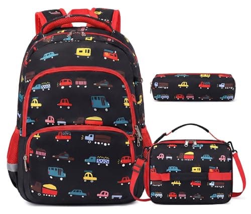 mygreen Kids Backpack Set 3in1 School Backpack with Lunch Box Pencil Case for Boys Girls Lightweight Durable for Daycare Picnic Outdoor Travel Black Red Car