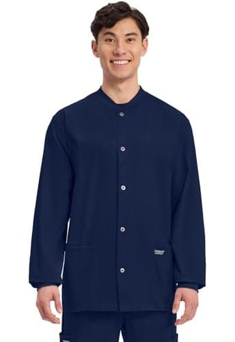 Cherokee Men’s Scrub Jacket Snap Front Medical with 3 Pockets, Knit Cuffs, Soft Fade Resistant 2-Way Stretch - WW360, S, Navy