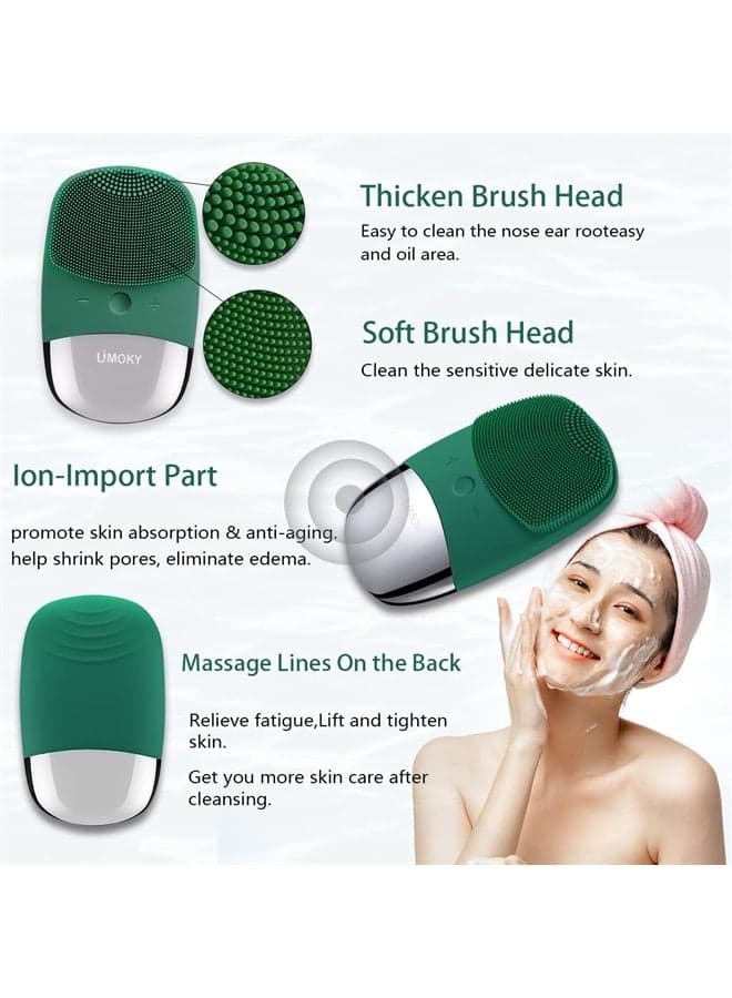 Facial Cleansing Brush, 3-in-1 Electric Silicone Face Scrubber, Vibrating Massager, IPX7 Waterproof, USB Rechargeble Face Scrubber Brush for Deep Cleanning, Blackhead Remover, Exfoliating (Green)