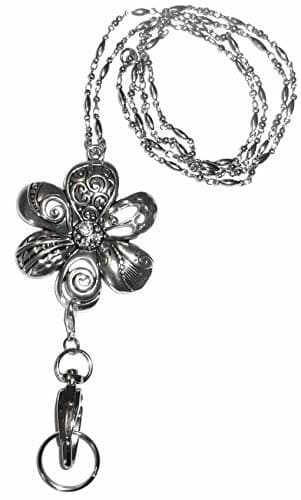 Hidden Hollow Beads Women's Lanyard Strong Stainless Steel Chain Trendy ID Badge Card Holder Teacher Cruise Keys Keychain Phone (Flower - Non Breakaway)