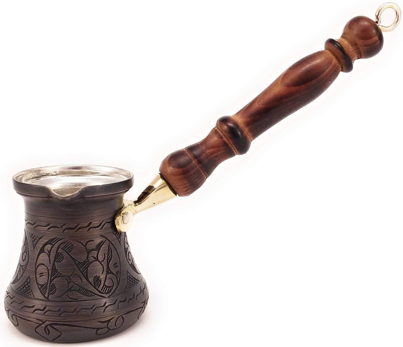 PCA Series Small6floz Thickest Solid Engraved Antique Copper Turkish Greek Arabic Coffee Pot Heavy Duty with Wooden Handle Stovetop Coffee Maker Jazzve Cezve Ibrik Briki