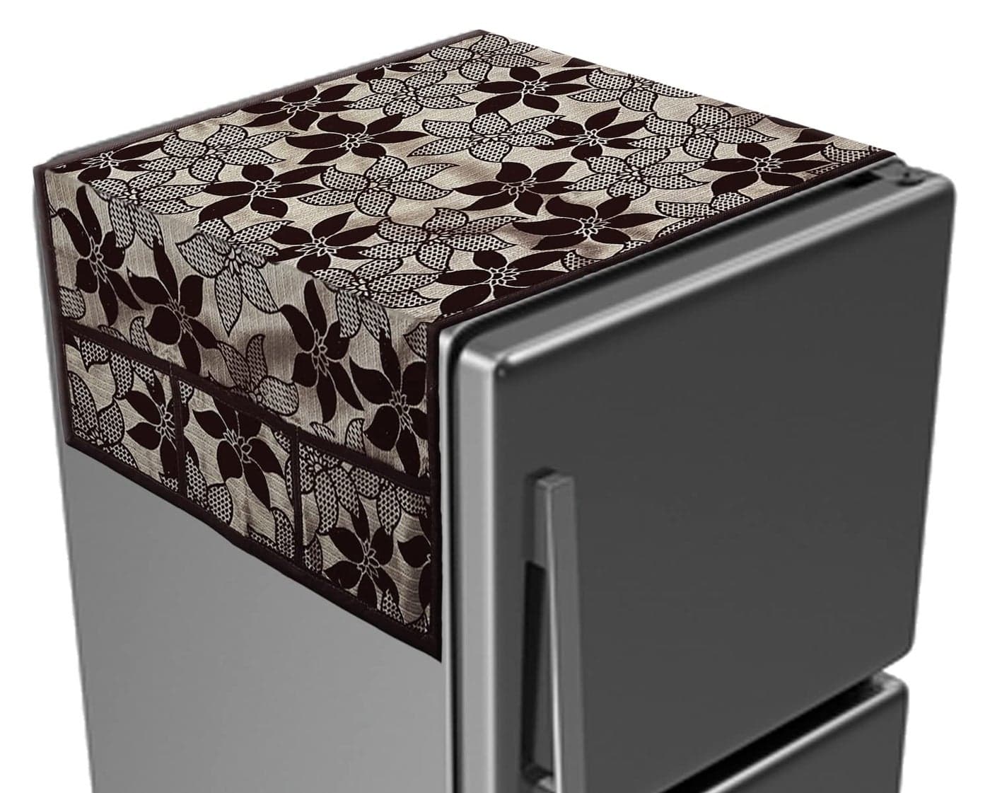 Kuber Industries Flower Print Fridge Cover With Side Pockets|Fridge Top Cover|Refrigerator Cover|Washable Cotton Material|6 Utility Pockets (Brown)