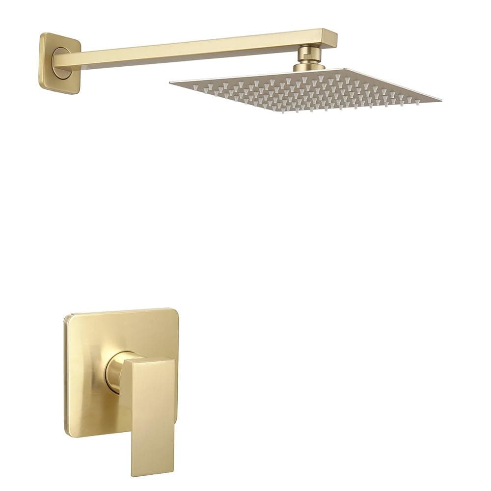 Heable Brushed Gold Shower Faucet Set Single Function Shower Trim Kit with Roughin Valve Square Rain Shower Head System Included Extra Long Shower Arm for Bathroom