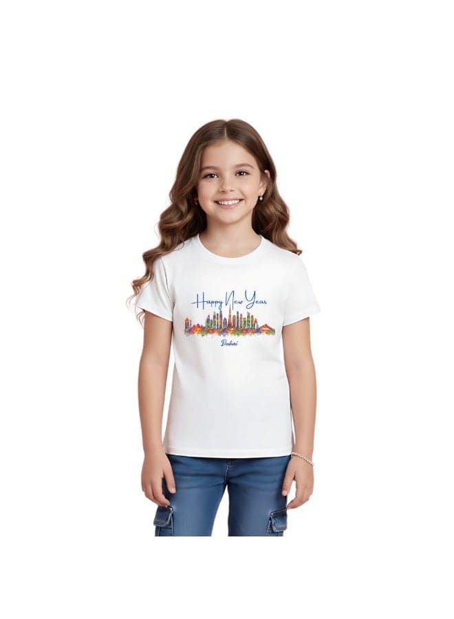 Happy New Year Dubai Kids Girls T-Shirt Round Neck Short Sleeve Cotton T-Shirt With Happy New Year And Dubai Design-Perfect For New Year Celebrations