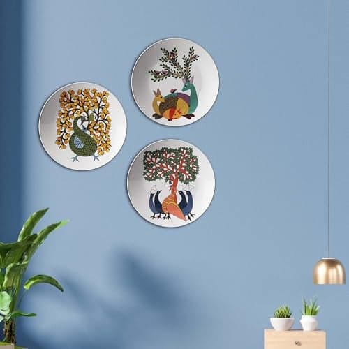 Jikraa's Enchanted Forest: Gond Art Plates, Set of 3 Decorative Ceramic Wall Plates for Living room, Bedroom, Office | Wall Art Decor, Home Decor Gift, Combo No -59