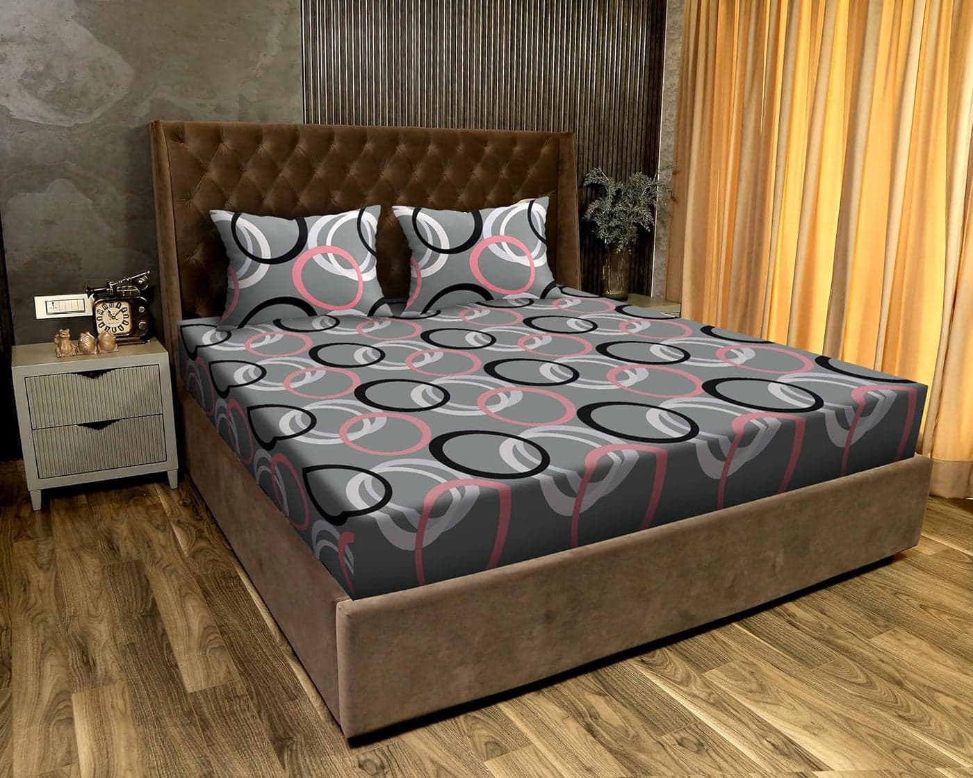 JDX BedSheet Luxurious Quality Elastic Fitted Printed Queen Size Double Bed Bedsheet with 2 Pillow Cover72 x78 Multicolored Grey