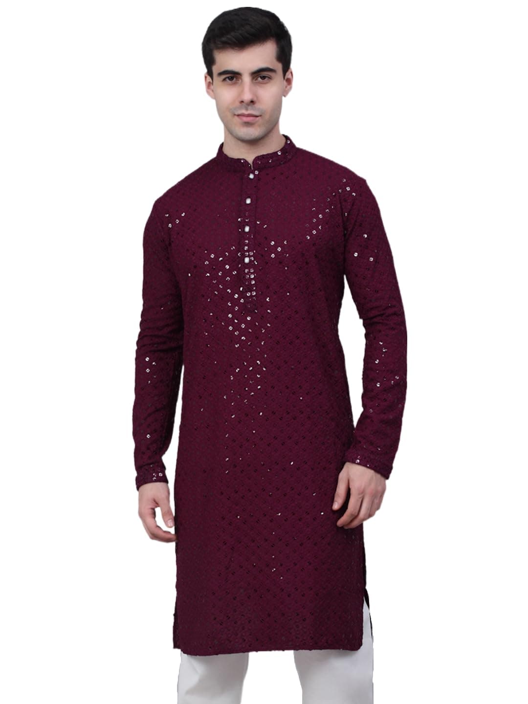 Jompers Men's Chikankari Embroidered and Sequence Kurtas (Purple, XL)