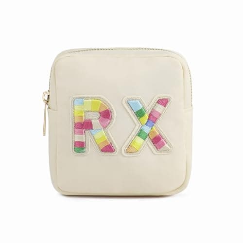 uekeboag Personalized Small Nylon Rx Cosmetic Bag Cute Chenille Letter Patch Medicine Drug Pouch with ZipperPreppy Makeup Travel Vitamin Bag for Women and Girls01Sand