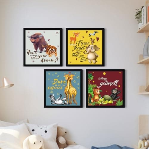 ArtX Set of 4 Cartoons Animals Kids Room Decoration Items, Wall Art Painting, Framed, 10.0 x 10.0 in each, Multicolor, Synthetic Wood, Set Of 4