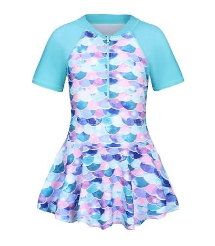 Qterdiz Big Girls One Piece Swimsuits Short Sleeve Swim Dress for Girls Hawaiian Skirted Bathing Suit Summer Swimwear Cyan Mermaid Size 12/10-12 Years