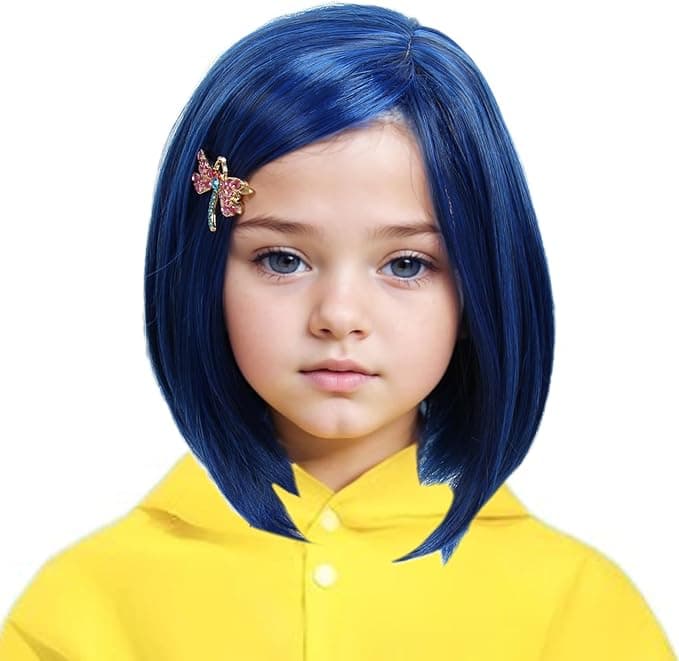 Linfairy Coraline Cosplay Dark Blue Bob Short Straight Synthetic Wig with Hairpin for Women Halloween Costume Party Cosplay Wig Adult