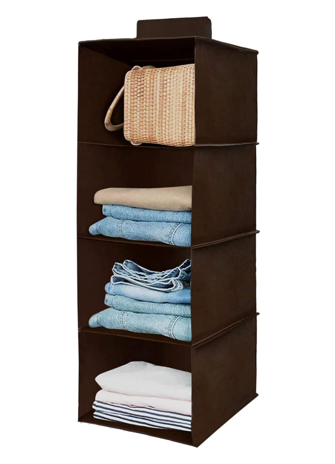 Kuber Industries 4 Shelf ClosetWardrobe Hanging OrganizerShoes Storage CupboardNon Wovan Foldable With Universal FitSize 31 x 25 x 80 Pack of 1 BrownFabric