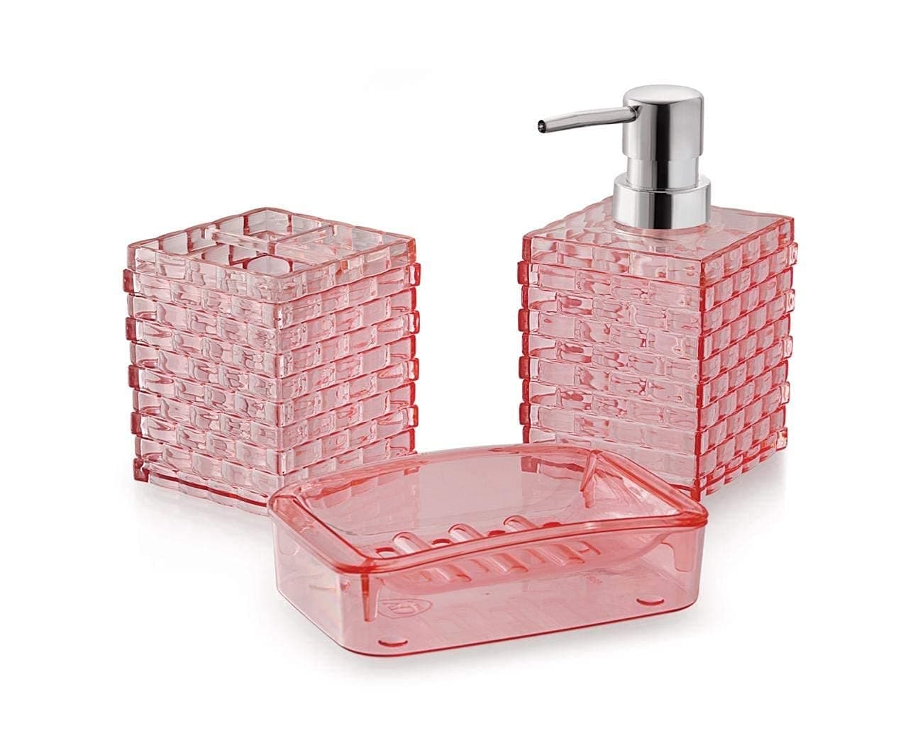 AmigozZ Acrylic Cuboid Shaped Bathroom set-3pc. Liquid Soap Dispenser, Brush & Toothpaste Holder, Soap Dish Holder Set. Ideal for Room, Bathroom, Luxury Hotel Bathroom. (Dark Pink)
