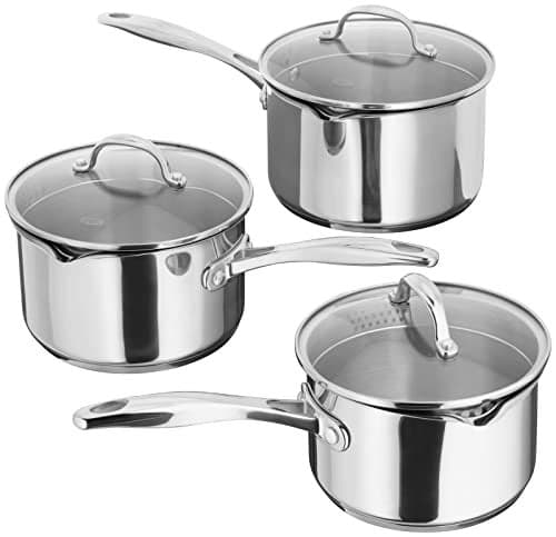 Stellar Profile Set of 3 Stainless Steel Draining Pans 16cm 18cm x 20cm Saucepans with Large Lip and Strainer Lids Induction Ready