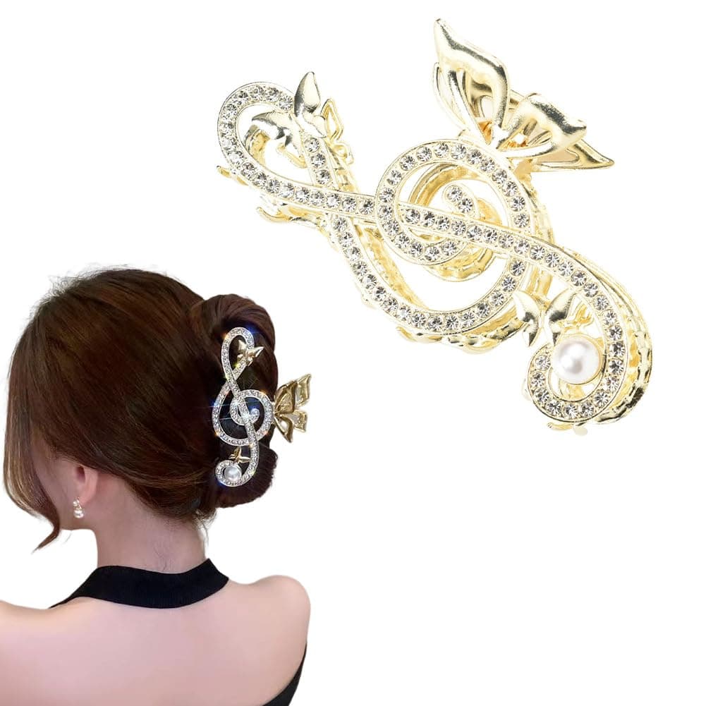 Music Note Rhinestone Hair Claw for Women Girls Pearl Butterfly Jaw Clamps for Hair Non Slip Large Hair Claw Clips for Thick Long Hair Gold Hair Accessories for Prom Party