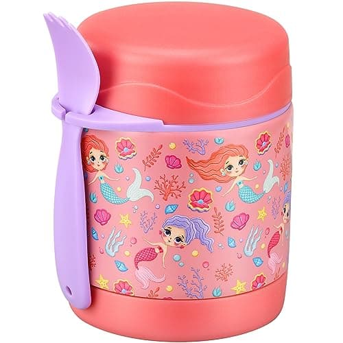 10oz Soup Thermo for Hot Food Kids,Lunch Thermo Kids Food Jar with Spoon Hot Insulated Food Containers,Leak Proof Stainless Steel Wide Mouth Lunch Food Thermo Jar for School(Pink-Mermaid)
